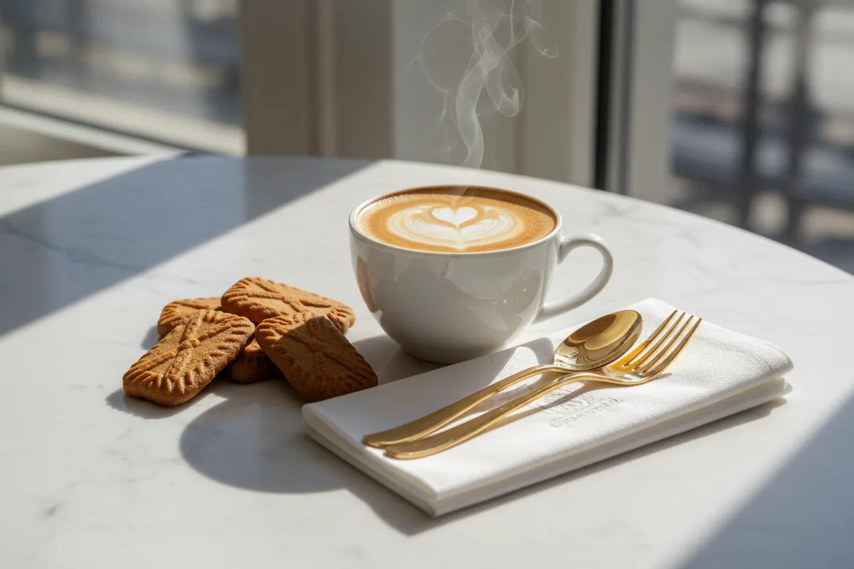 Tasse de café avec spéculoos et couverts dorés
