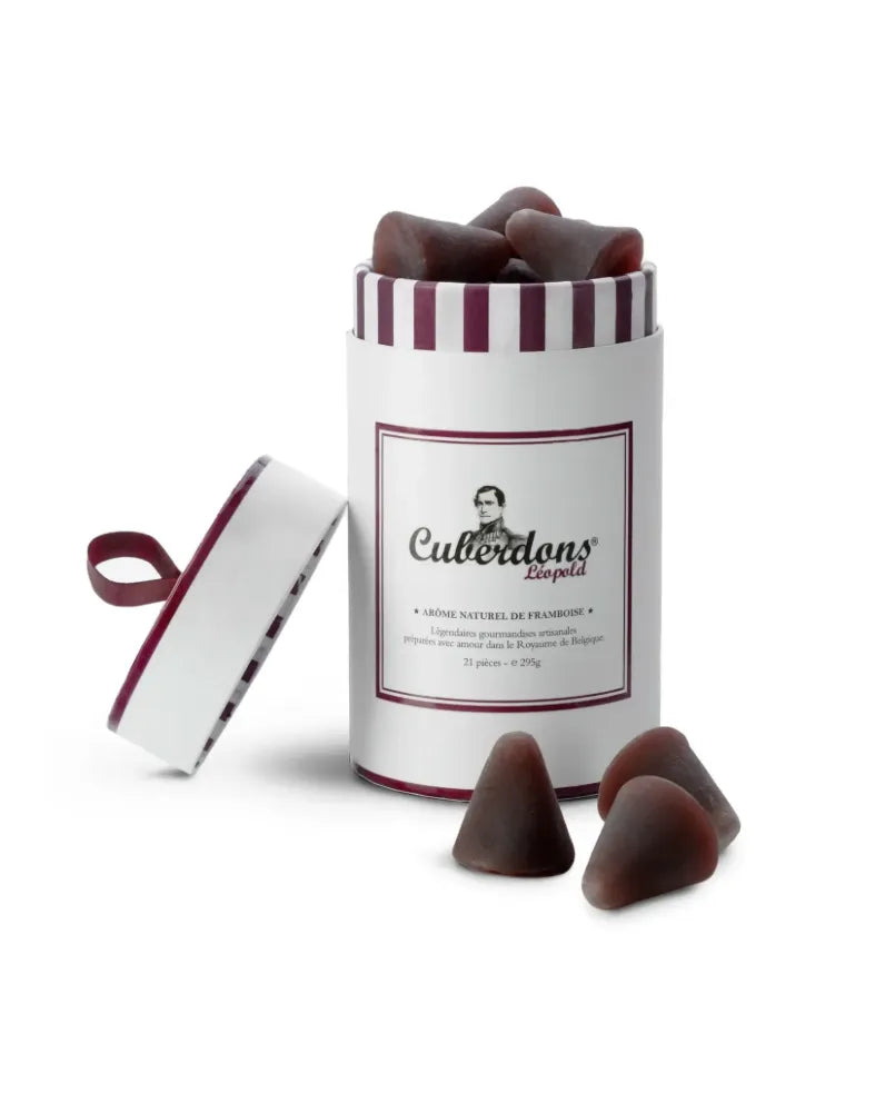 Boîte de 21 cuberdons artisanaux Confiserie Léopold – l'iconique bonbon belge en cône, croûte sucrée et cœur fondant à la framboise