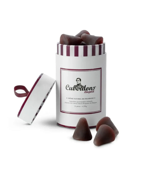 Boîte de 21 cuberdons artisanaux Confiserie Léopold – l'iconique bonbon belge en cône, croûte sucrée et cœur fondant à la framboise